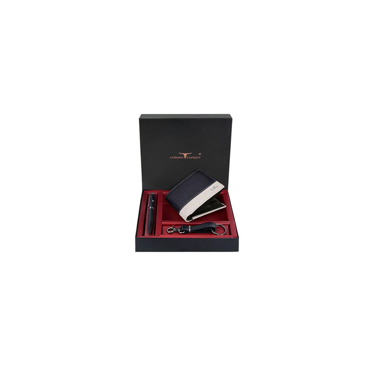 URBAN FOREST Saul Nappa Black/Sand Leather Wallet, Black Pen & Keychain Combo Gift Set for Men