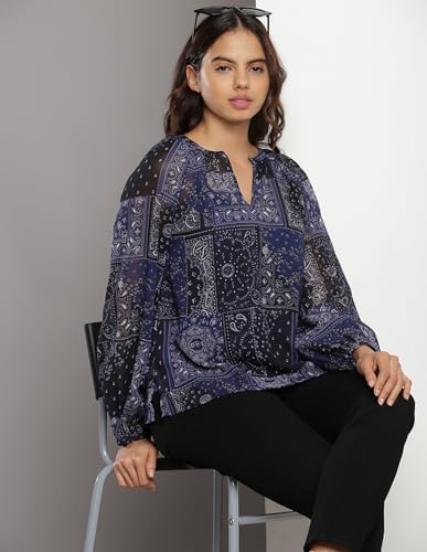 Tommy Hilfiger Navy Blue Polyester Printed V-Neck Full Sleeves Regular Fit Women Blouse (F23HWWT014) Size-L