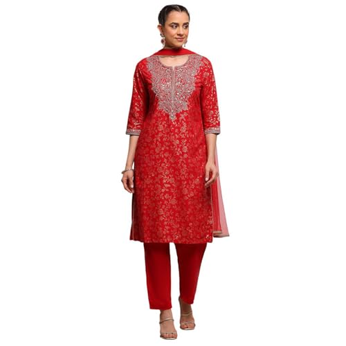 Biba Women Green-Maroon Cotton Straight Printed Suit Set_36