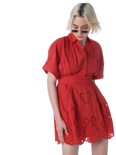 ONLY Women's Self Design Fit and Flare Red Dress