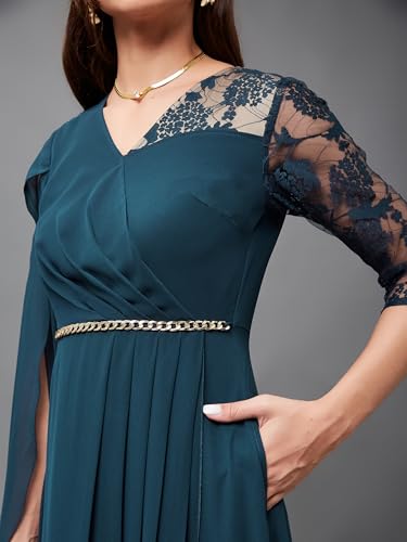 Miss Chase Women's V-Neck Asymmetric Self-Designed Georgette Maxi Dress (MCSS24D97-12-TUE-08, Gulf Teal, 3XL)