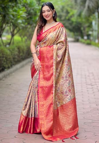 SGF11- Women's Kanjivaram Pure Soft Silk Handloom Saree Pure Golden Zari With Blouse Piece (Cream Pink)
