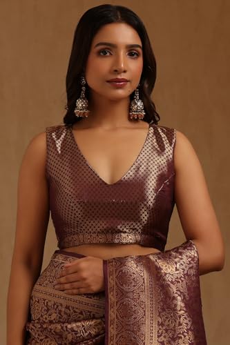 Soch Womens Wine Tussar Floral Zari Woven Saree