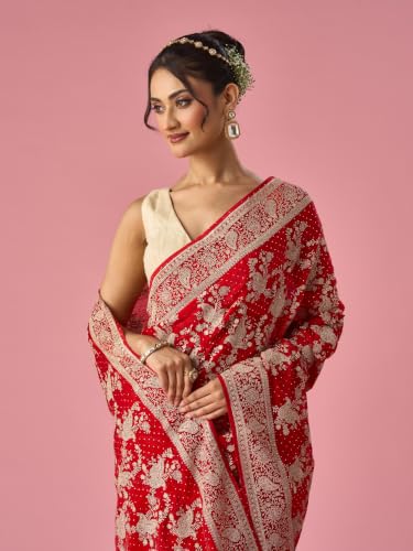 MOHEY Women's Red Organza Saree with Stone Work with Blouse Piece (Red)