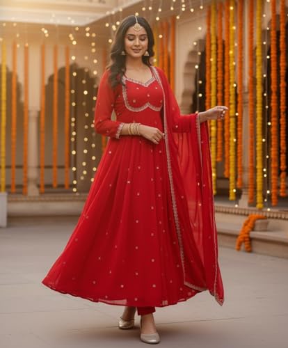 Leeli Peeri Designer Women's Faux Georgette Embroidery Anarkali Kurta Trouser and Dupatta Set XL