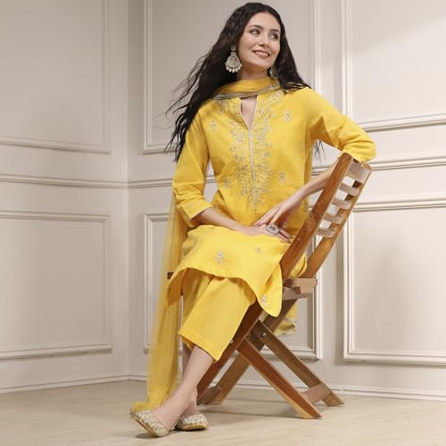 Biba Women's Yellow Cotton Straight Solid Suit Set