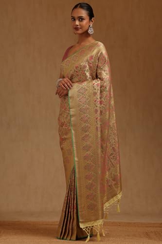 Soch Womens Yellow Tussar Floral Woven Design Saree
