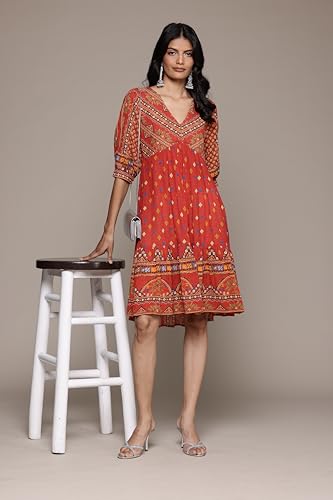 Aarke Ritu Kumar V-Neck 3/4Th Sleeve Printed Dress Rust