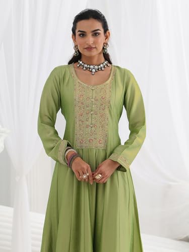 Libas Embroidered Silk Blend A-Line Ethnic Dress with Dupatta-93632L Green