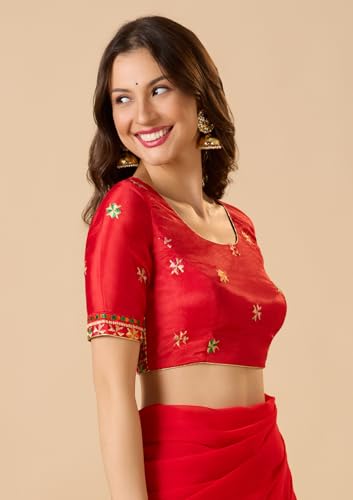 S SALWAR STUDIO Red Chinon Silk Round Neck Phulkari Readymade Blouse