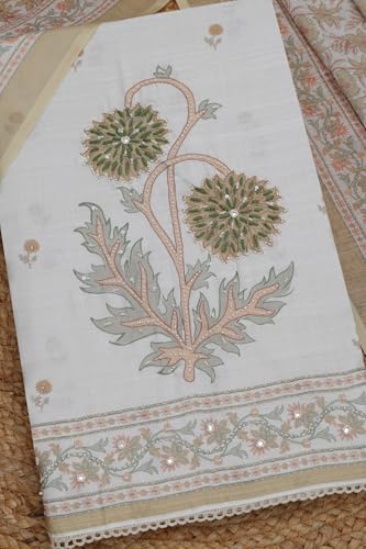Soch Womens Off White Linen Blend Floral Print Unstitched Dress Material With Beads