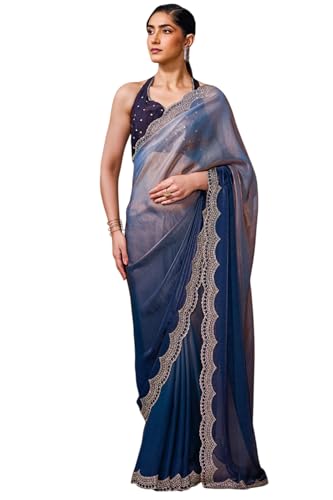 Soch Womens Navy Blue Fendy Satin Ombre Saree With Stone Work