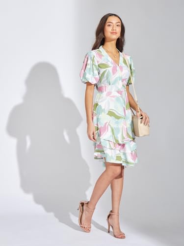 Latin Quarters Women Pink Printed A-Line Mini Dress with V-Neck and Half Sleeves Perfect for Casual Outings