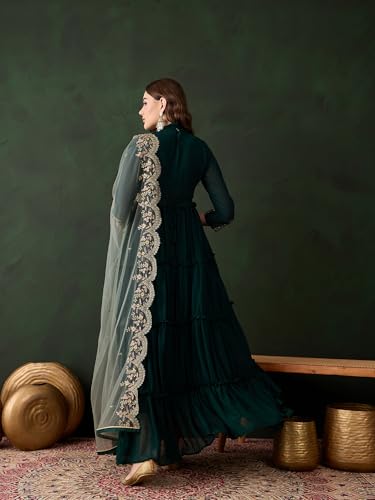 Miss Ethnik Women's Green Faux Georgette Stitched Top With Dupatta Full Sleeve Embroidered Anarkali Gown (MEY-156-Green-XXL)