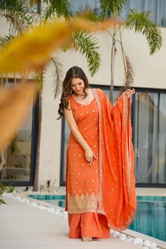 VARNI FABRICS: A lady's First Love Women's Orange Straight Ethnic Chinon Silk Kurta Set With Palazzo And Dupatta, Gold Zari Booti, Sleeveless (IN, Alpha, S, Regular)