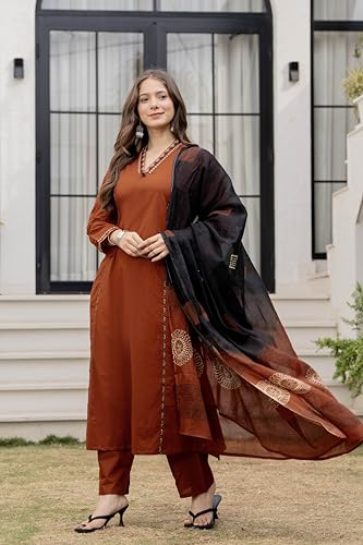 MEERA FAB Women Floral Printed Pure Cotton Straight V-Neck Side Pocket Kurta with Palazzos & Dupatta