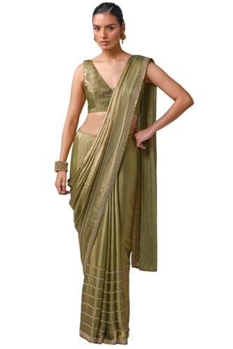 Soch Womens Light Olive Fendy Organza Embellished Saree With Stone Work
