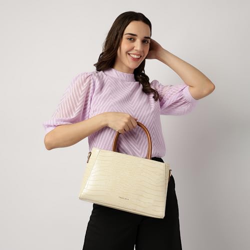 Fastrack Croco-Textured Satchel Bag for Women | Faux Leather Handbag with Zip Closure, Gold Hardware and Organiser Pockets | Elegant Structured Satchel for Work, Brunch and Daily Use