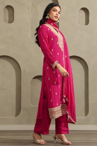 Soch Womens Fuchsia Chinon Ethnic Motifs Zari Embroidered Salwar Suit With Sequins