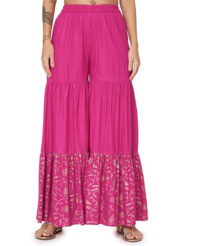 studio rasa Women's Cotton Blend Solid Tiered Sharara for Festive Casual Party(BTWC524RC01L_Pink_Large)