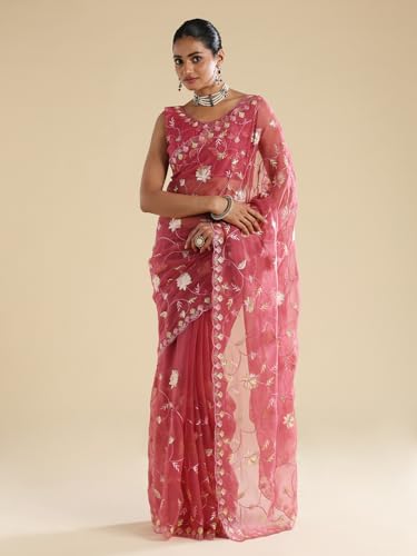 AKHILAM Women's Pink Poly Chiffon Embroidered Embroidered Saree With Unstitched Blouse Piece (ANIKA4204_AG)