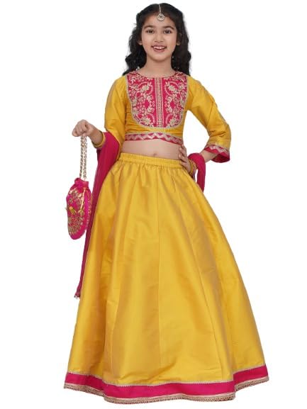 Bitiya by Bhama Girls Boho Design Yellow Pink Embroidered Choli & Ready to Wear Lehenga With Dupatta.