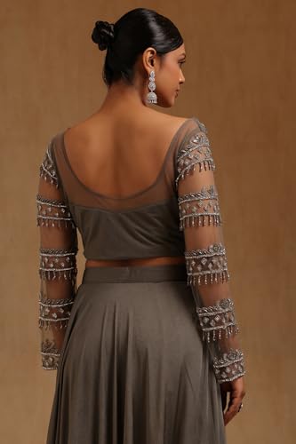 Soch Womens Olive Spandex Solid Ready to Wear Saree With Beads And Stones