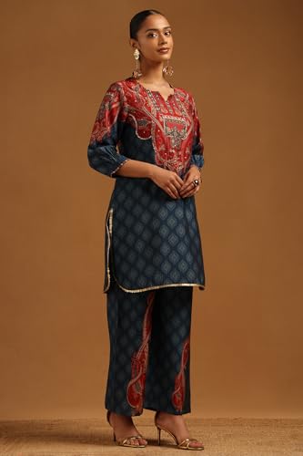 Soch Womens Blue Muslin Ethnic Motifs Co-Ords Set With Sequins