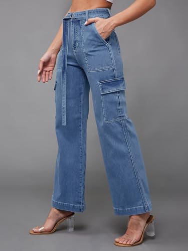 Miss Chase Women's Straight Fit Mid Rise Hand Painted Stretchable Denim Jeans (MCSS18DEN02-19-392-28, Vivid Blue, 28)