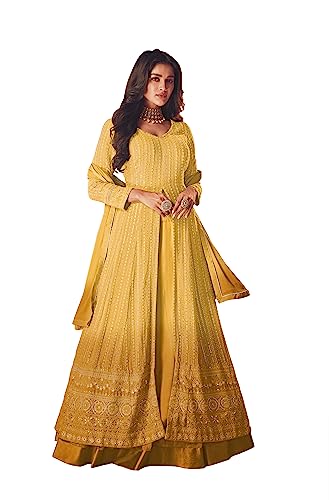 RUDRAPRAYAG Anarkali Georgette and Santoon Maxi Gown for Women | Semi-Stitched Long Anarkali Gown | Gown in Clothing & Accessories (Mustard)