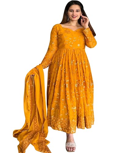 Fashion Basket Women's Faux Georgette Embroidered Yellow Anarkali Gown with Dupatta (X-Large)