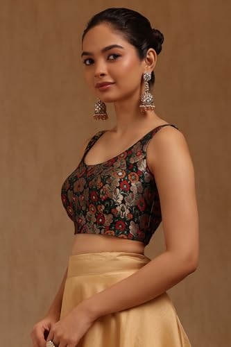 Soch Womens Black Tussar Floral Print Padded Blouse with Zari Woven