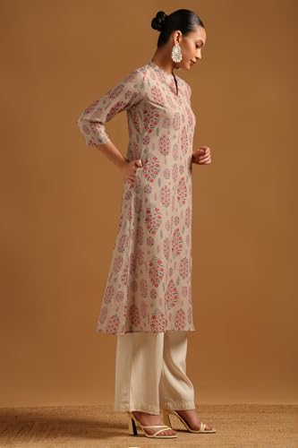 Soch Womens Beige Cotton Linen Ethnic Motifs Kurta