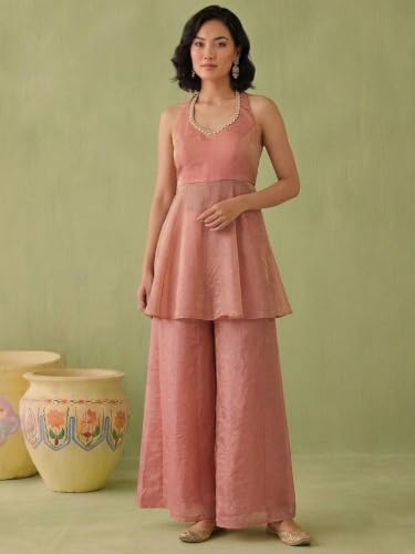 Varanga womens Dusty Rose Halter Peplum Palazzo Set