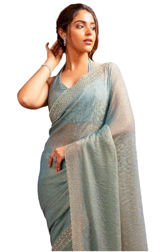 Soch Womens Powder Blue Georgette Floral Print Saree With Stone Work