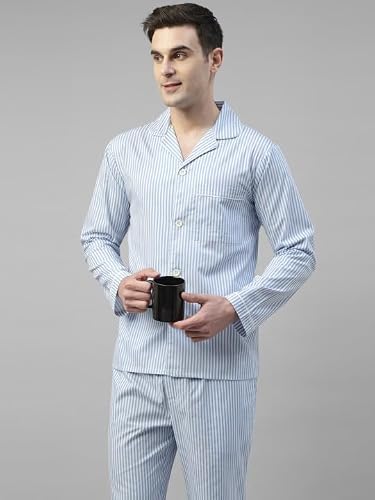 Hancock Men Cotton Striped Relaxed Fit Night Suit White Size S