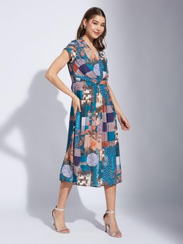 Latin Quarters Women Teal V-Neck Half Sleeve Printed A-Line Dress_S