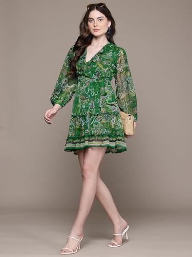Label RITU KUMAR Green Alanna V Neck Short Dress with Belt