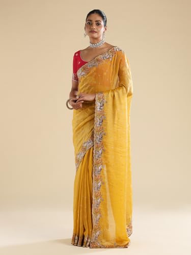 AKHILAM Women's Yellow Satin Elephant Embroidered Saree With Unstitched Blouse Piece (ANIKA2701_AG)