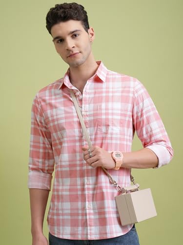 Highlander Men Cotton Slim Fit Shirt (PHSH000014_LT Pink/White L)