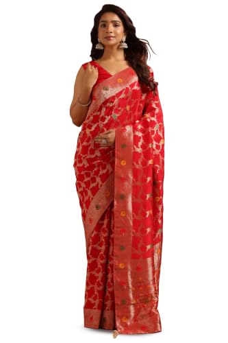 Soch Womens Red Crepe Botanical Zari Woven Saree