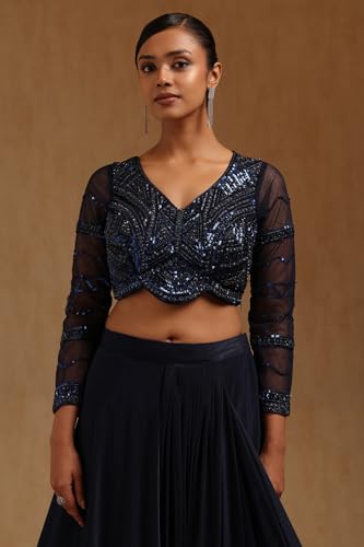 Soch Womens Navy Blue Spandex Solid Ready to Wear Saree