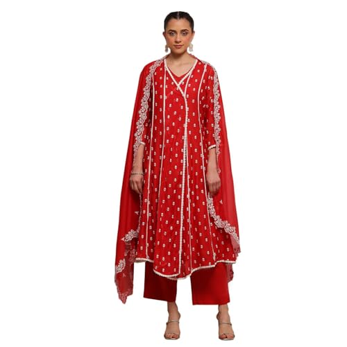 Biba Women Red Chanderi Embroidered Kalidar Suit Set_34