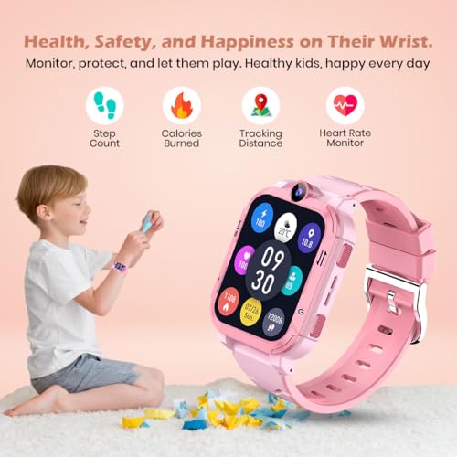 PunnkFunnk Safeguard Kids Smart Watch 5G/4G with SIM Calling, GPS Tracker, Video Calling, SOS Alerts, Face Unlock, Voice Chat, Games, IP67 Waterproof, 800mAh Battery (Pink)