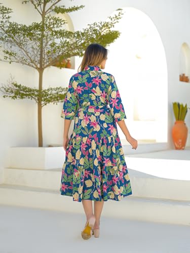 Divena Blue Cotton Shirt Coller Midi Dress