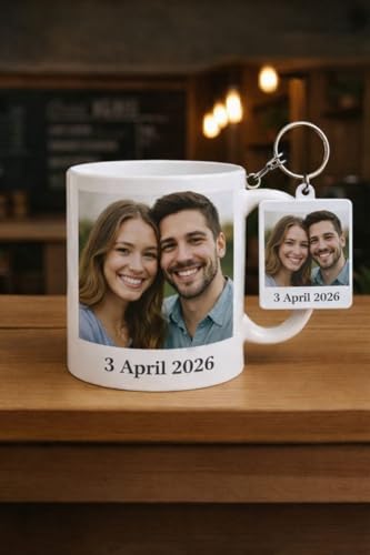 Personalized Photo Mug with Matching Keychain – Custom Date & Picture Gift for Couples, Anniversary, Wedding, Birthday Keepsake