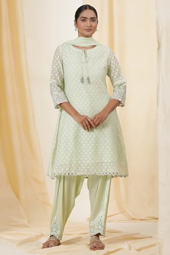W for Woman Folksong Green Festive Embroidered Cotton A-Line Kurta, Salwar Pant & Dupatta_24MAFS11749-930315_2XL