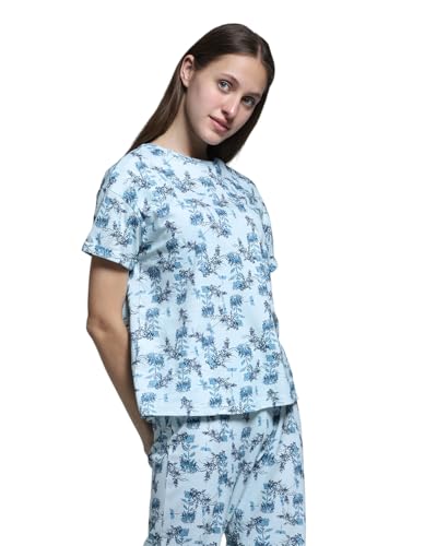 Wacoal Women’s Snooze Club Short Sleeve Full Length Comfort Fit Pure Cotton Pajama Set-Blue (XL)