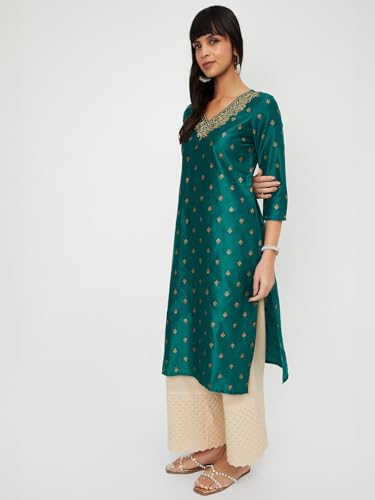 Max Women Embroidered Straight Kurta (Green_M)
