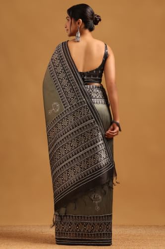 Soch Womens Olive Tussar Kantha Embroidered Saree With Mirror Work